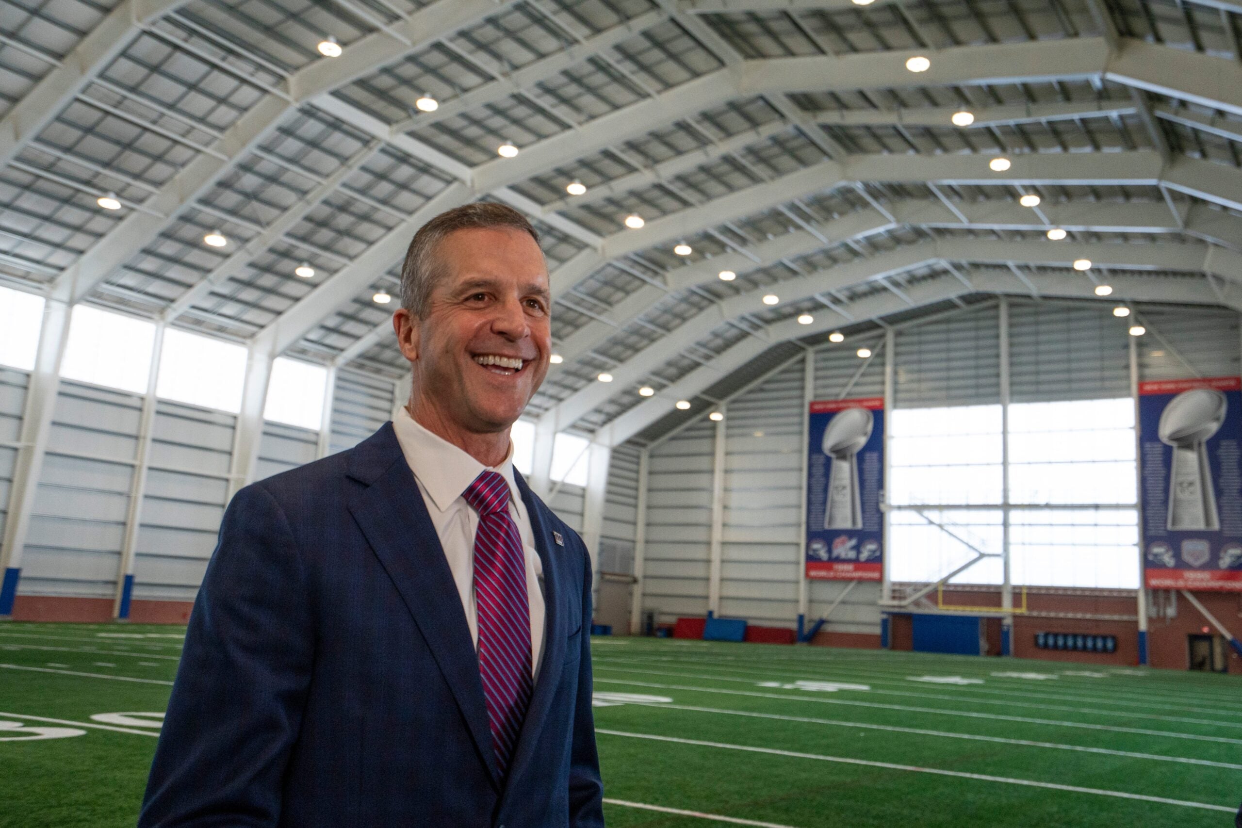 New Giants Head Coach John Harbaugh speaks with members of the media during a press conference welcoming Harbaugh at the Quest Diagnostics Training Center in East Rutherford on Tuesday, Jan. 20, 2025.
