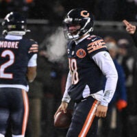 Jan 18, 2026; Chicago, IL, USA; in Chicago Bears quarterback Caleb Williams (18) during an NFC Divisional Round game against the Los Angeles Rams at Soldier Field.
