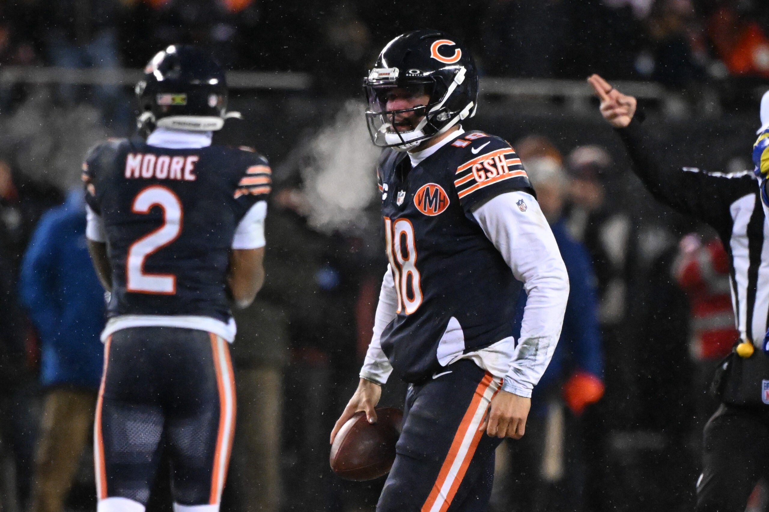 Jan 18, 2026; Chicago, IL, USA; in Chicago Bears quarterback Caleb Williams (18) during an NFC Divisional Round game against the Los Angeles Rams at Soldier Field.