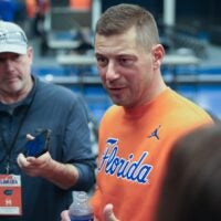 New Gator head football coach Jon Sumrall fires up the crowd during the first half an NCAA basketball game at Steven C. O'Connell Center Exactek arena in Gainesville, FL on Saturday, January 24, 2026. Students, who get in free, have a limited number of seats so many camp out overnight.
