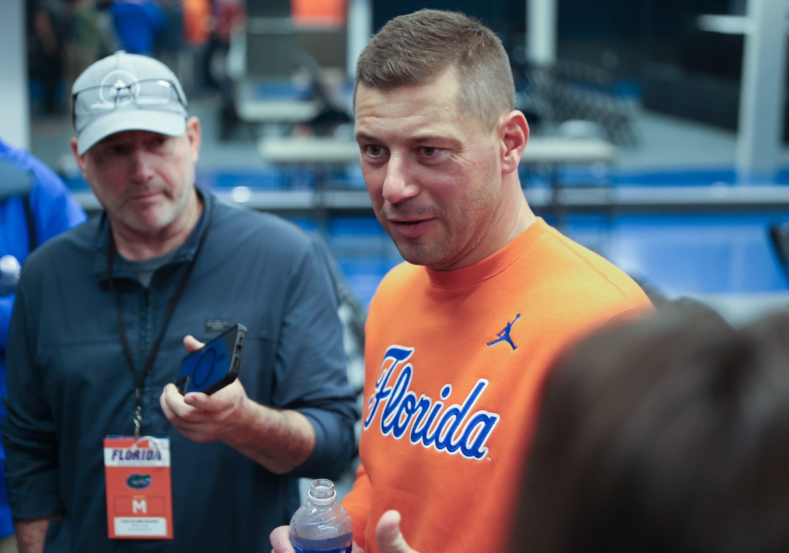 New Gator head football coach Jon Sumrall fires up the crowd during the first half an NCAA basketball game at Steven C. O'Connell Center Exactek arena in Gainesville, FL on Saturday, January 24, 2026. Students, who get in free, have a limited number of seats so many camp out overnight.