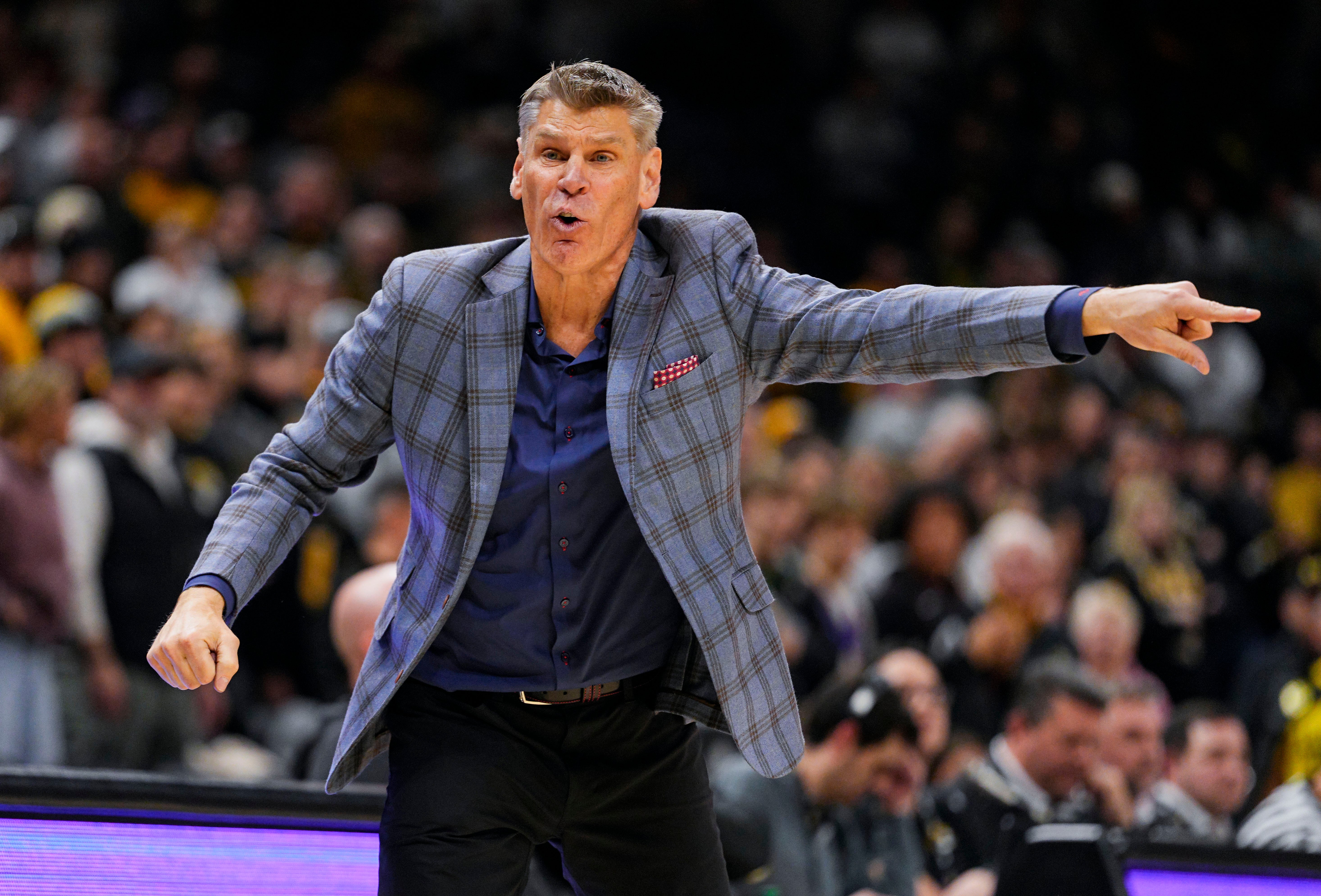 Jan 24, 2026; Columbia, Missouri, USA; Oklahoma Sooners head coach Porter Moser reacts during overtime against the Missouri Tigers at Mizzou Arena.