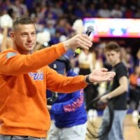 New Gator head football coach Jon Sumrall fires up the crowd during the first half an NCAA basketball game at Steven C. O'Connell Center Exactek arena in Gainesville, FL on Saturday, January 24, 2026. Students, who get in free, have a limited number of seats so many camp out overnight.