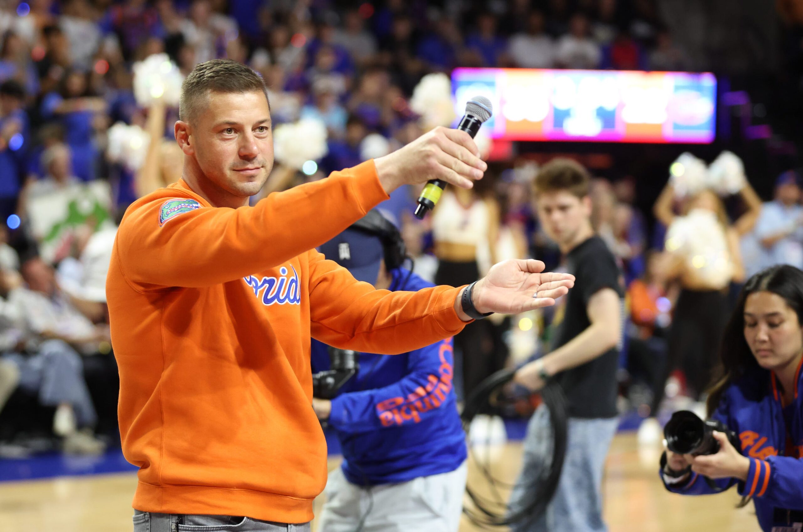New Gator head football coach Jon Sumrall fires up the crowd during the first half an NCAA basketball game at Steven C. O'Connell Center Exactek arena in Gainesville, FL on Saturday, January 24, 2026. Students, who get in free, have a limited number of seats so many camp out overnight.