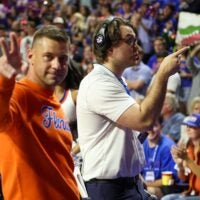 New Gator head football coach Jon Sumrall fires up the crowd during the first half an NCAA basketball game at Steven C. O'Connell Center Exactek arena in Gainesville, FL on Saturday, January 24, 2026. Auburn won 76-67