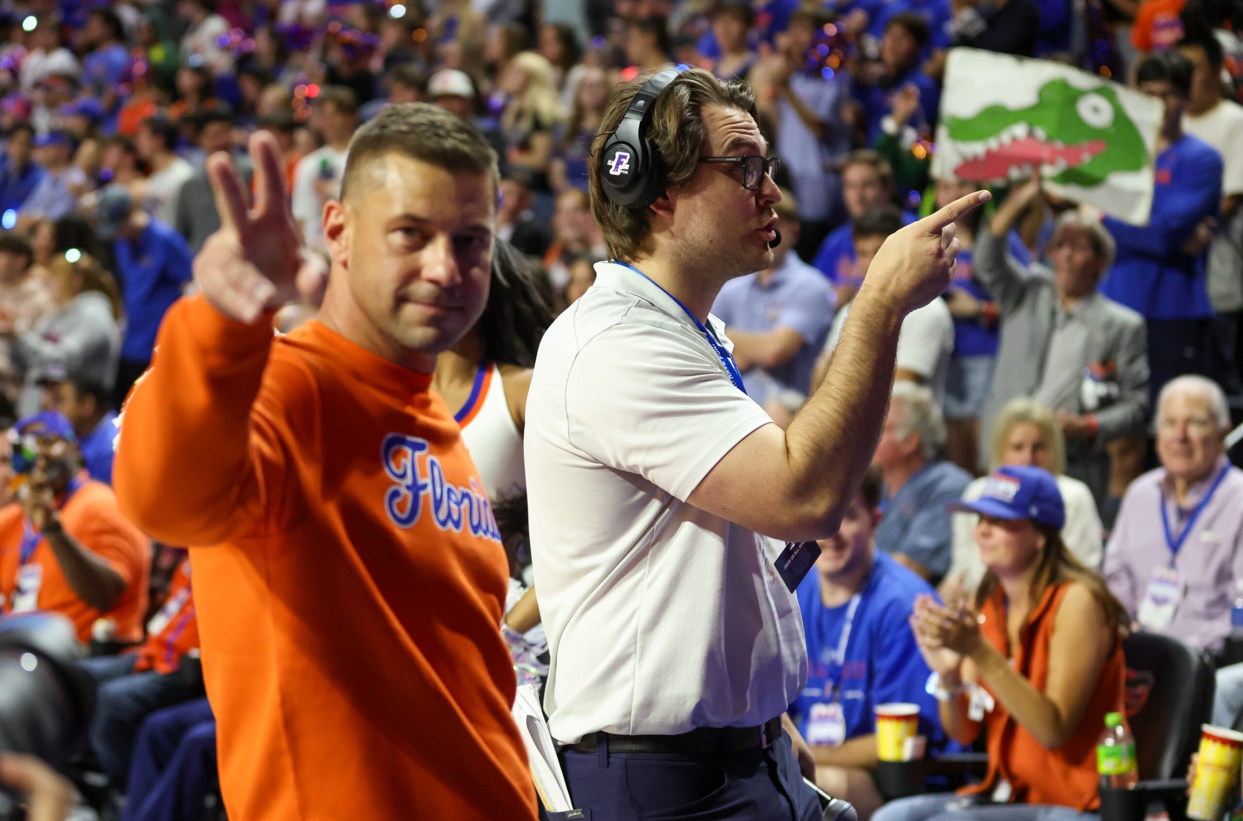 New Gator head football coach Jon Sumrall fires up the crowd during the first half an NCAA basketball game at Steven C. O'Connell Center Exactek arena in Gainesville, FL on Saturday, January 24, 2026. Auburn won 76-67