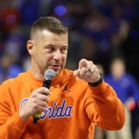 New Gator head football coach Jon Sumrall fires up the crowd during the first half an NCAA basketball game at Steven C. O'Connell Center Exactek arena in Gainesville, FL on Saturday, January 24, 2026. Auburn won 76-67