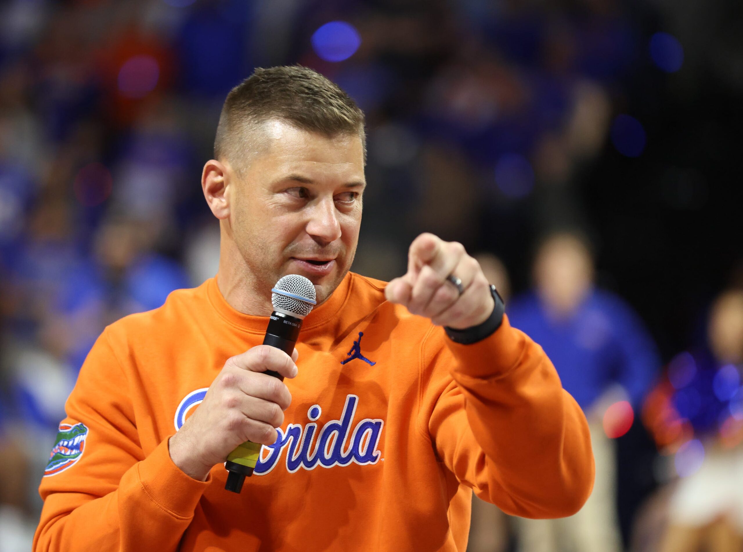 New Gator head football coach Jon Sumrall fires up the crowd during the first half an NCAA basketball game at Steven C. O'Connell Center Exactek arena in Gainesville, FL on Saturday, January 24, 2026. Auburn won 76-67