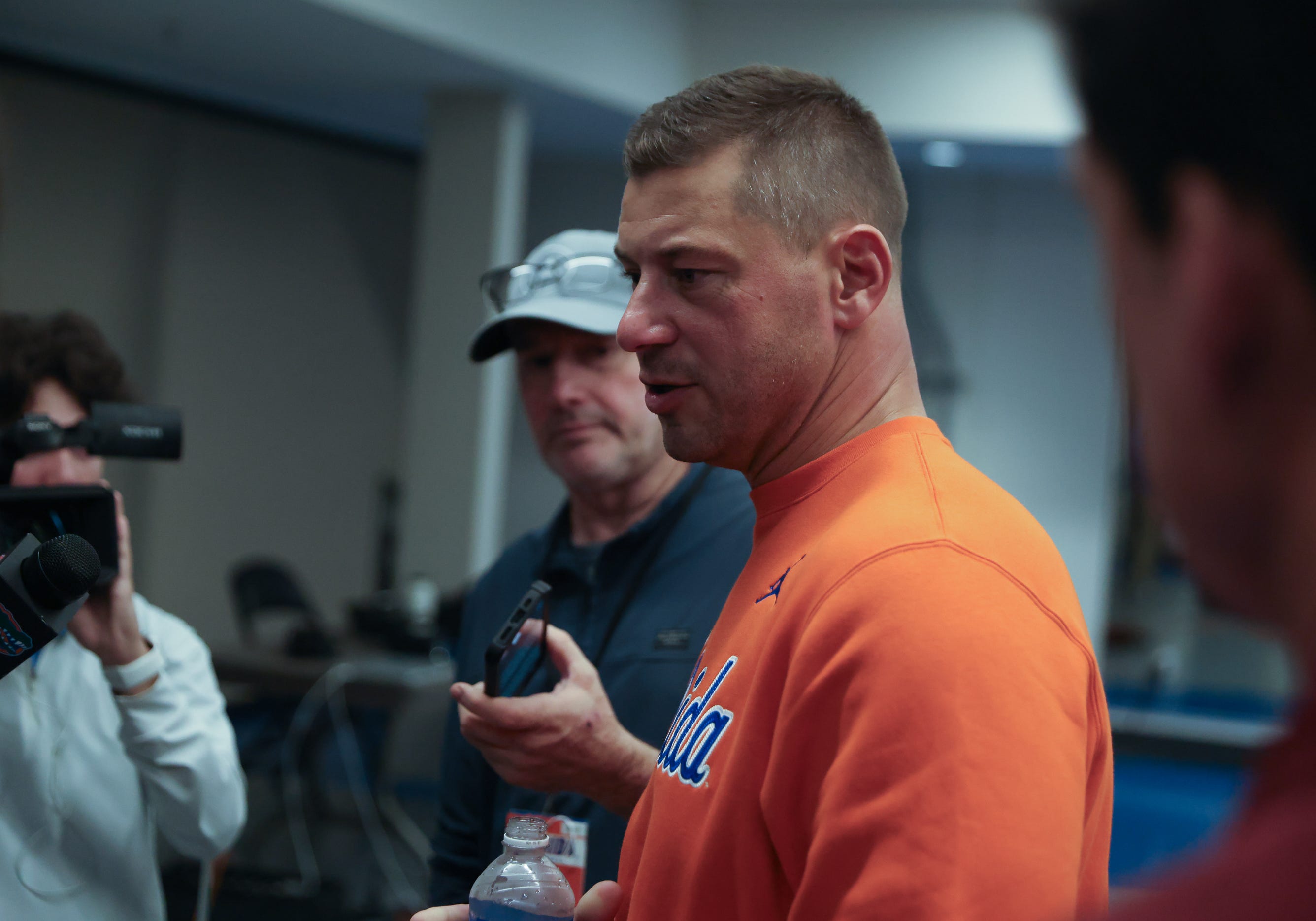 New Gator head football coach Jon Sumrall fires up the crowd during the first half an NCAA basketball game at Steven C. O'Connell Center Exactek arena in Gainesville, FL on Saturday, January 24, 2026. Auburn won 76-67