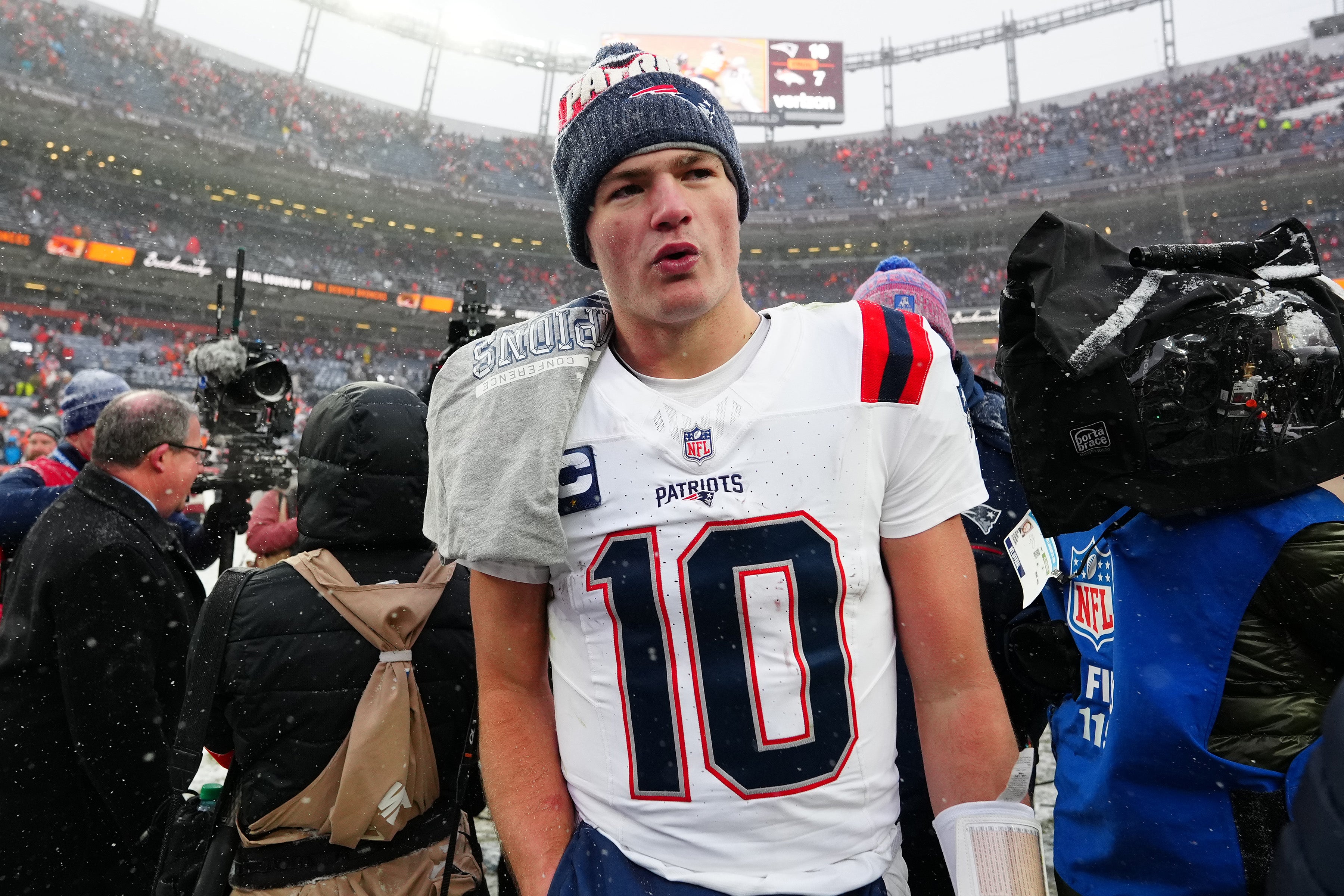 Jan 25, 2026; Denver, CO, USA; New England Patriots quarterback Drake Maye (10) reacts after defeating the Denver Broncos in the 2026 AFC Championship Game at Empower Field at Mile High.