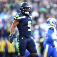 Jan 25, 2026; Seattle, WA, USA; Seattle Seahawks running back Kenneth Walker III (9) celebrates after running for a touchdown in the first half against the Los Angeles Rams in the 2026 NFC Championship Game at Lumen Field.