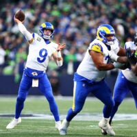 Jan 25, 2026; Seattle, WA, USA; Los Angeles Rams quarterback Matthew Stafford (9) passes against the Seattle Seahawks during the first half in the 2026 NFC Championship Game at Lumen Field.