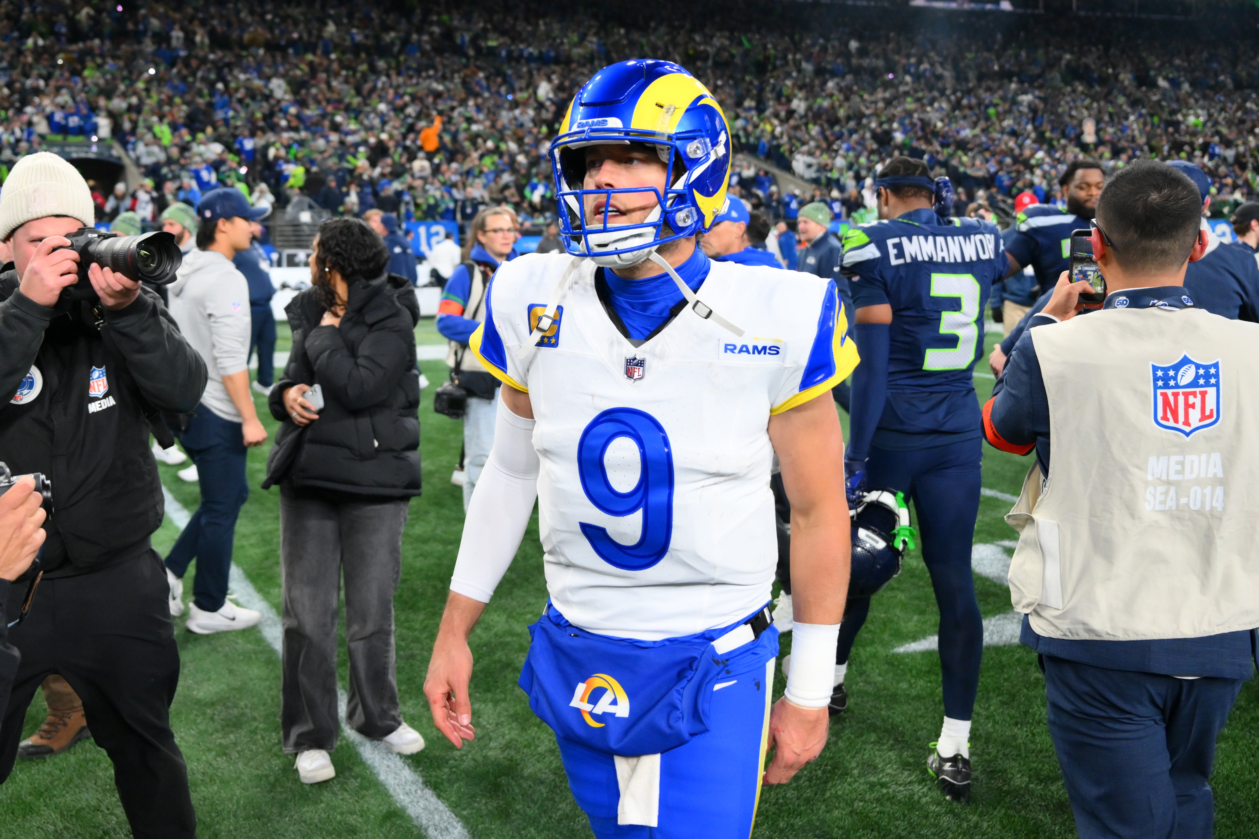 Jan 25, 2026; Seattle, WA, USA; Los Angeles Rams quarterback Matthew Stafford (9) leaves the field after the 2026 NFC Championship Game against the Seattle Seahawks at Lumen Field.