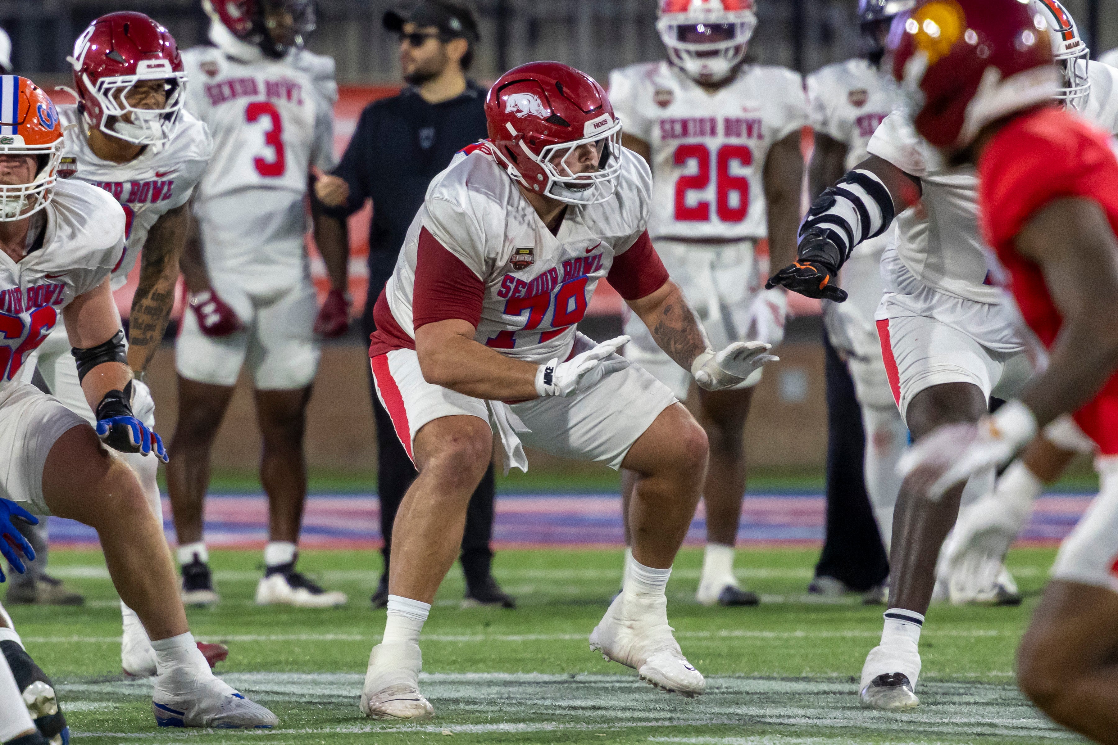 Arkansas Razorbacks offensive guard Fernando Carmona Senior Bowl offensive standout Las Vegas Raiders
