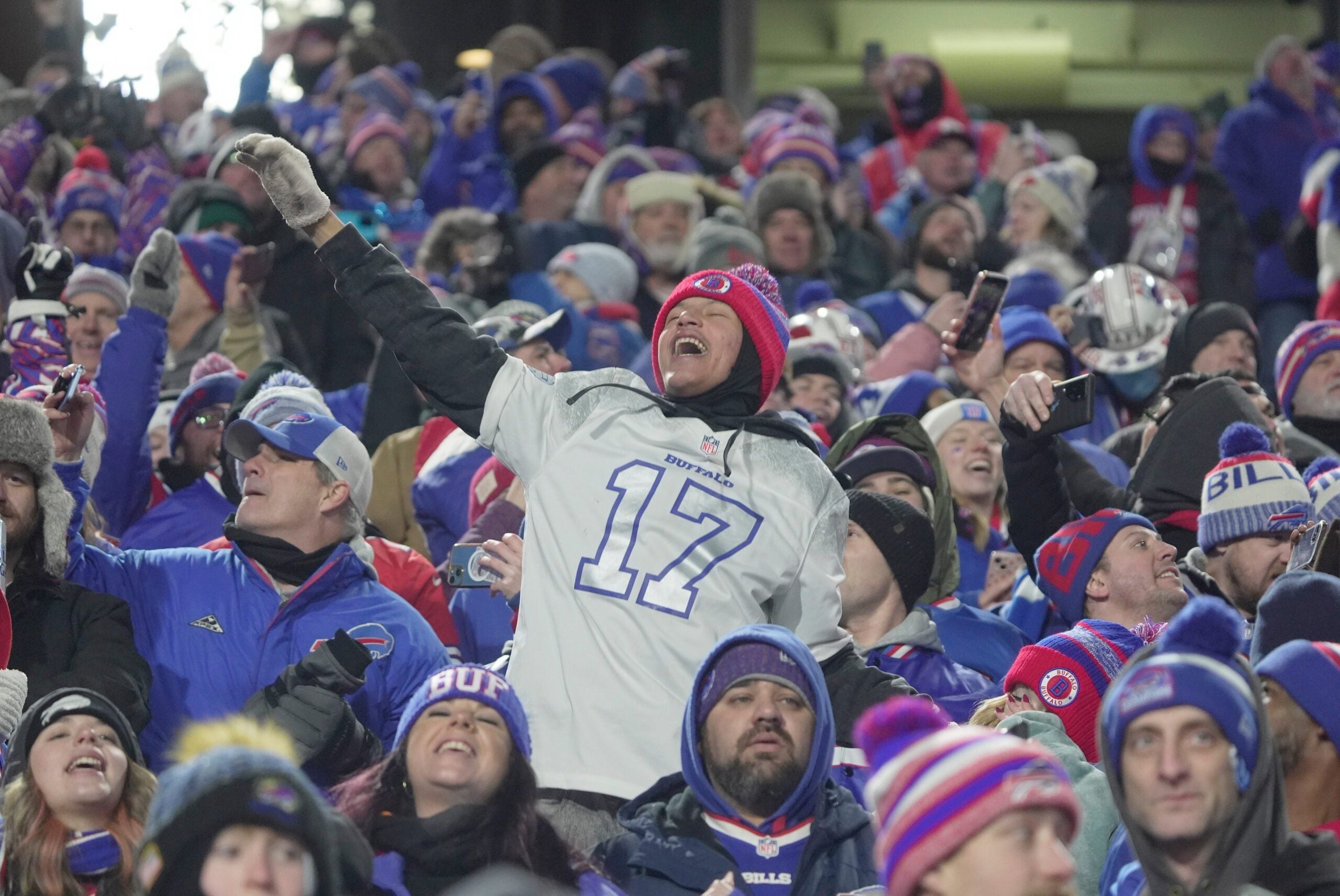 Fans cheer after Bills’ Ty Johnson scores during the Bills last home game at Highmark Stadium against the New York Jets in Orchard Park on Jan. 4, 2026. They beat the Jets.