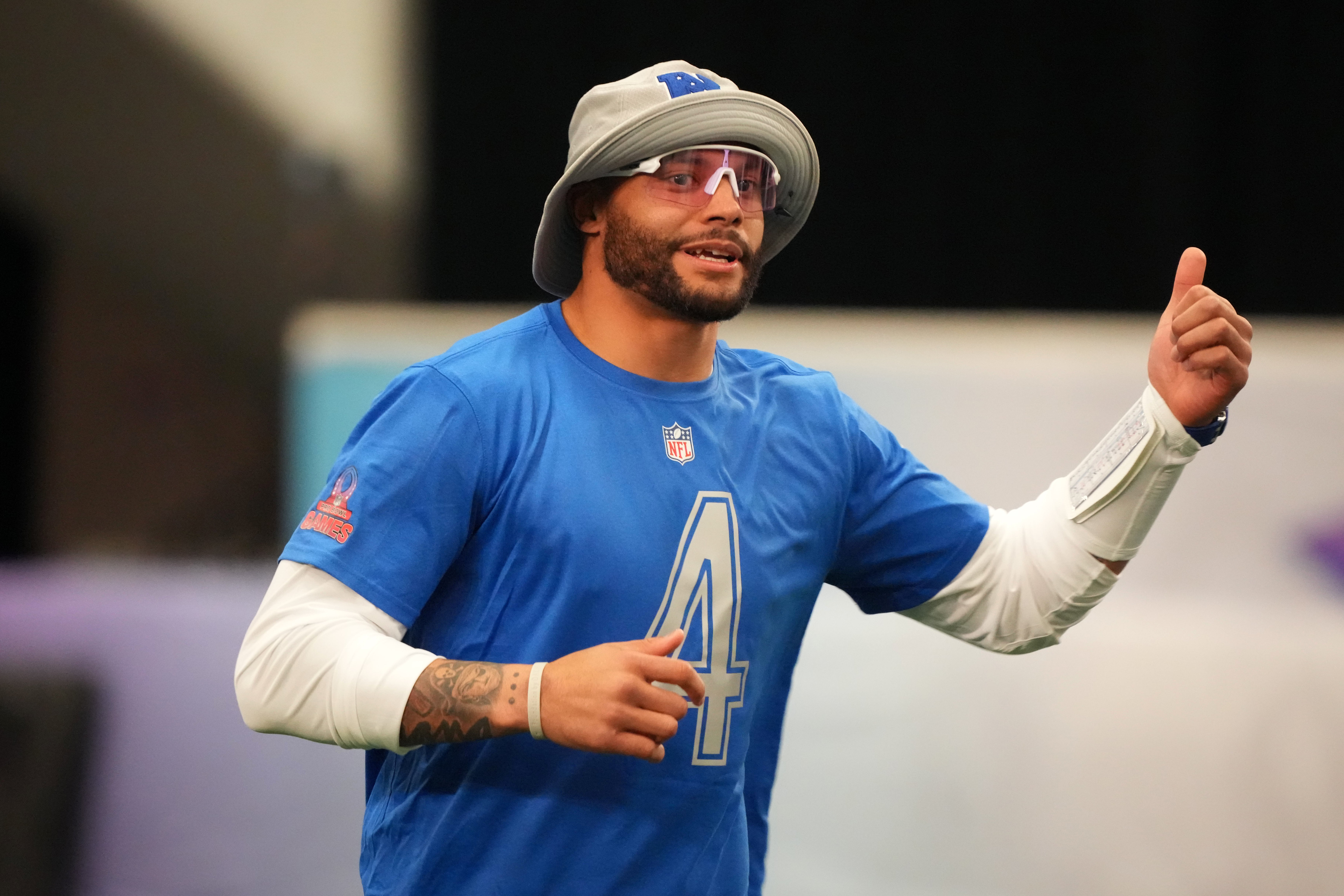 Feb 1, 2026; San Francisco, CA, USA; Dallas Cowboys quarterback Dak Prescott (4) during NFC practice at the Flag Fieldhouse Moscone Center South Building.