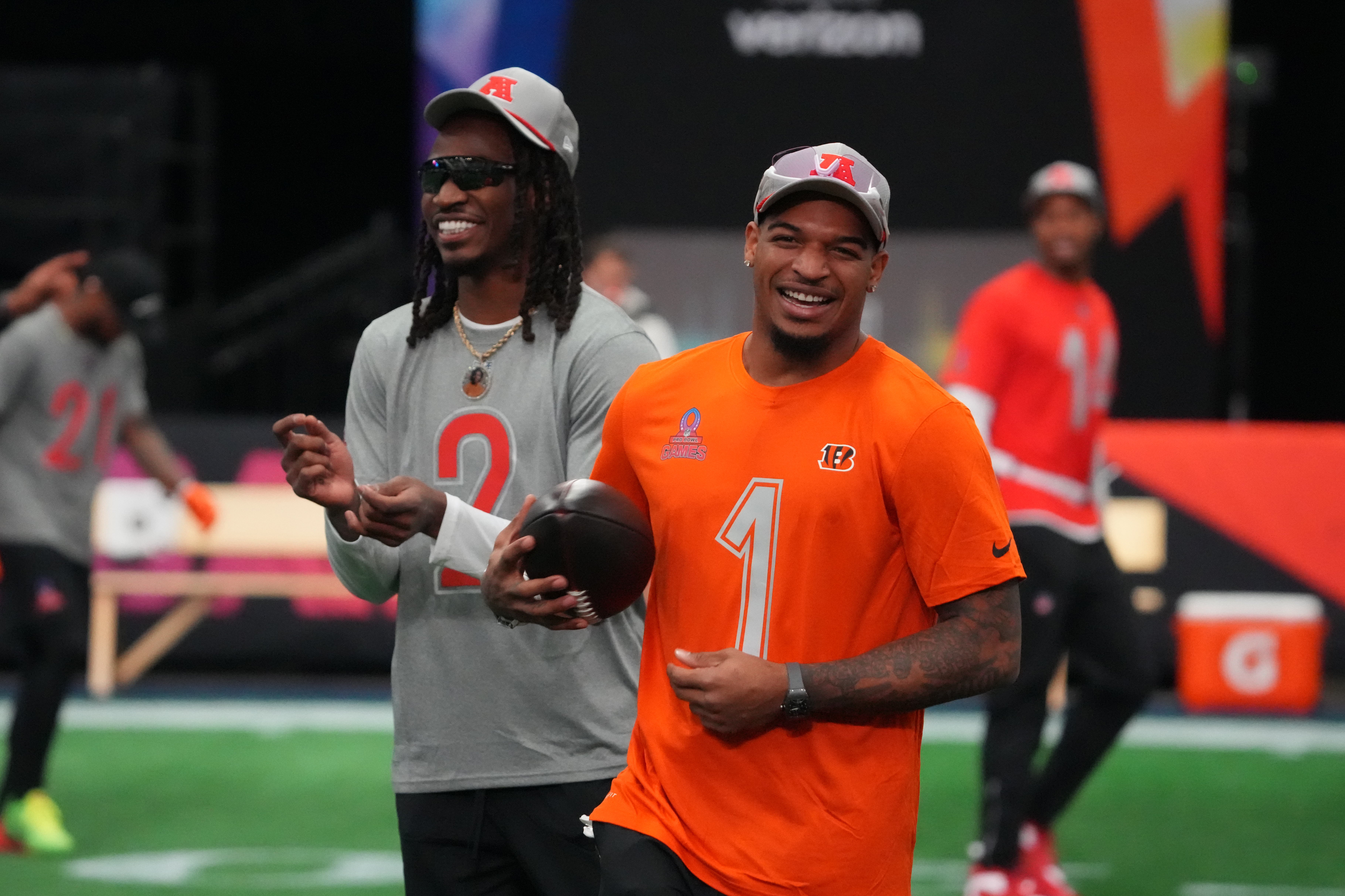 Feb 1, 2026; San Francisco, CA, USA; Cincinnati Bengals receiver Ja'Marr Chase (1) during AFC practice at the Flag Fieldhouse Moscone Center South Building.
