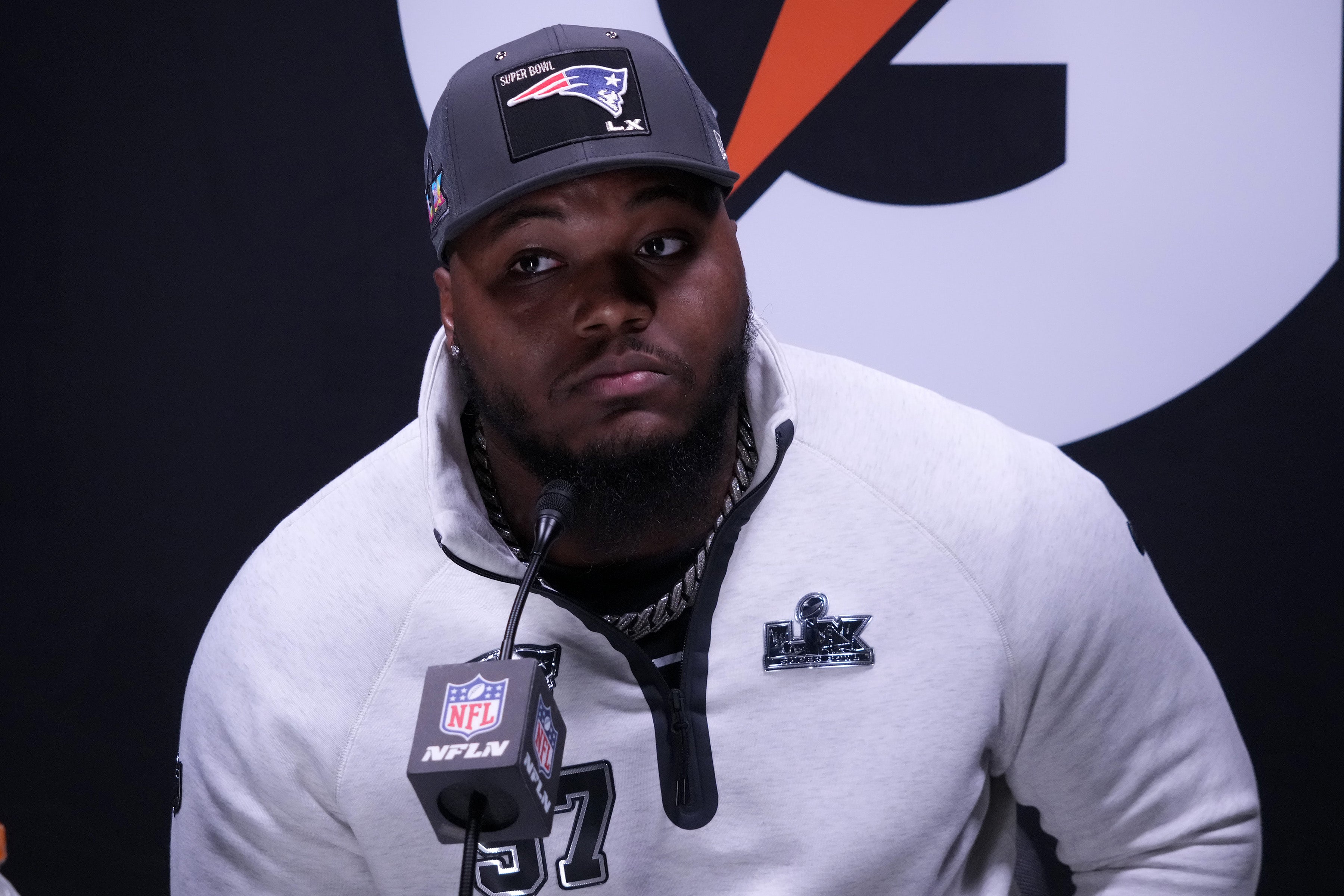 Feb 2, 2026; San Jose, CA, USA; New England Patriots defensive end Milton Williams (97) speaks to the media during Opening Night for Super Bowl LX at San Jose Convention Center.