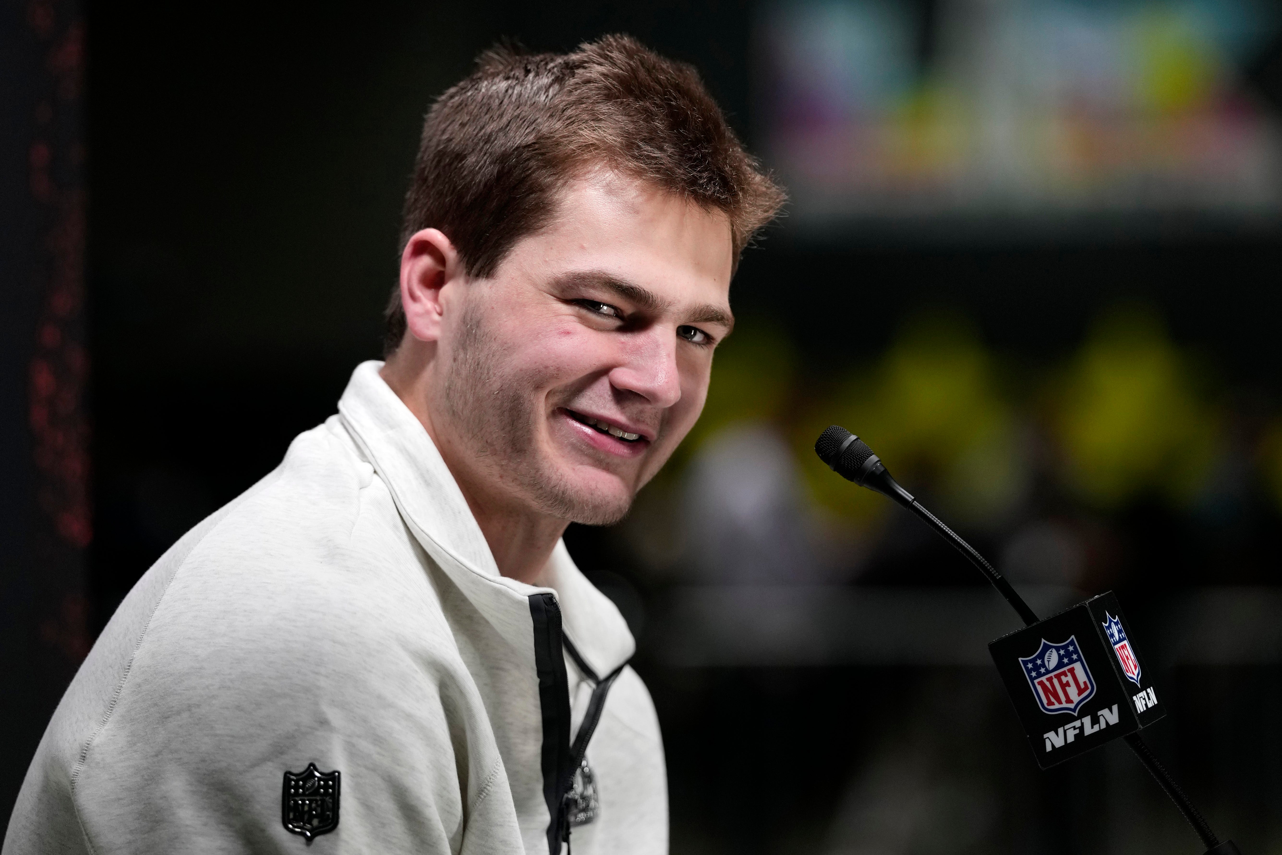 Feb 2, 2026; San Jose, CA, USA; New England Patriots quarterback Drake Maye (10) speaks to media during Opening Night for Super Bowl LX at San Jose Convention Center.