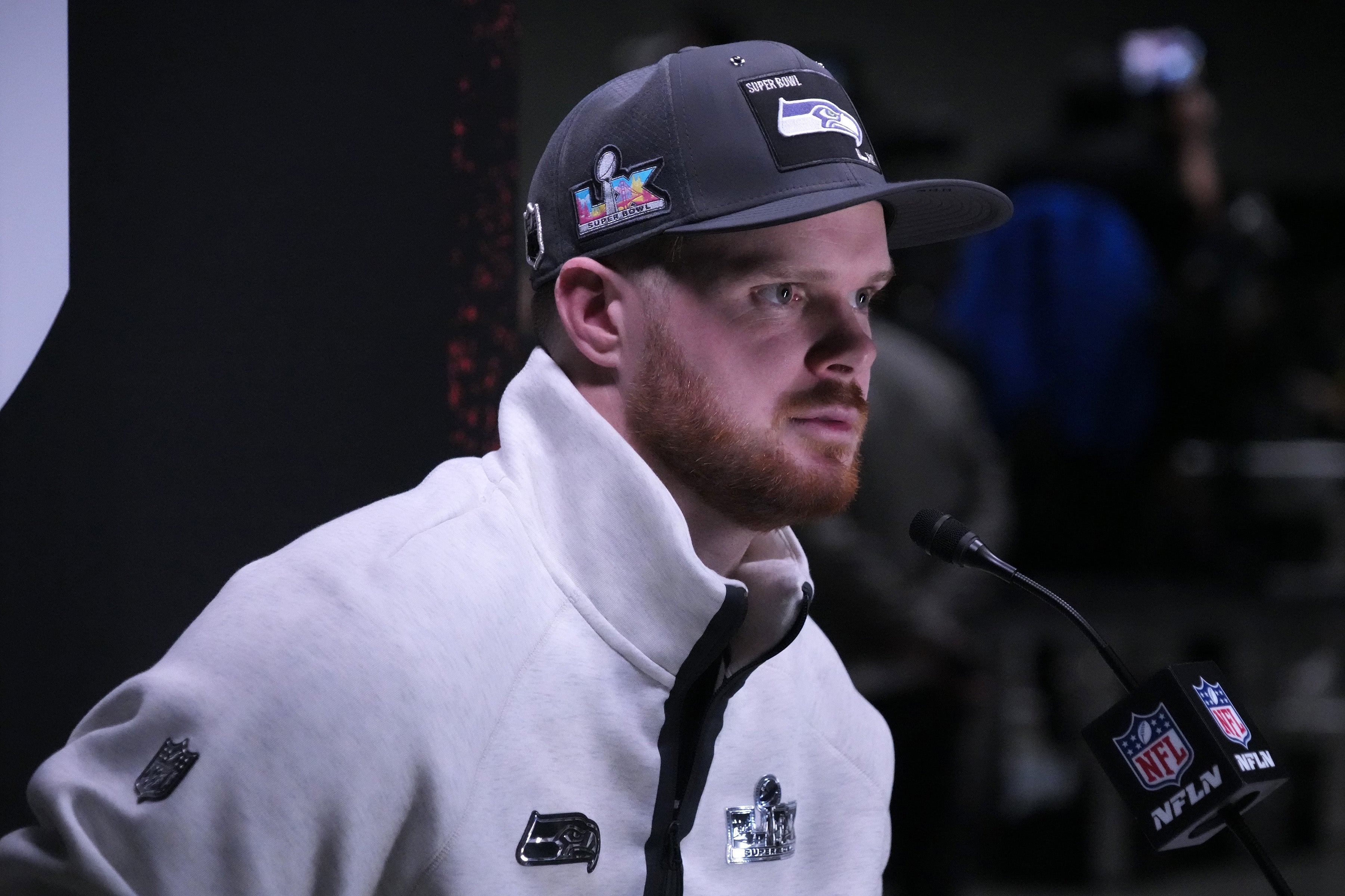Feb 2, 2026; San Jose, CA, USA; Seattle Seahawks quarterback Sam Darnold (14) during Opening Night for Super Bowl LX at San Jose Convention Center.
