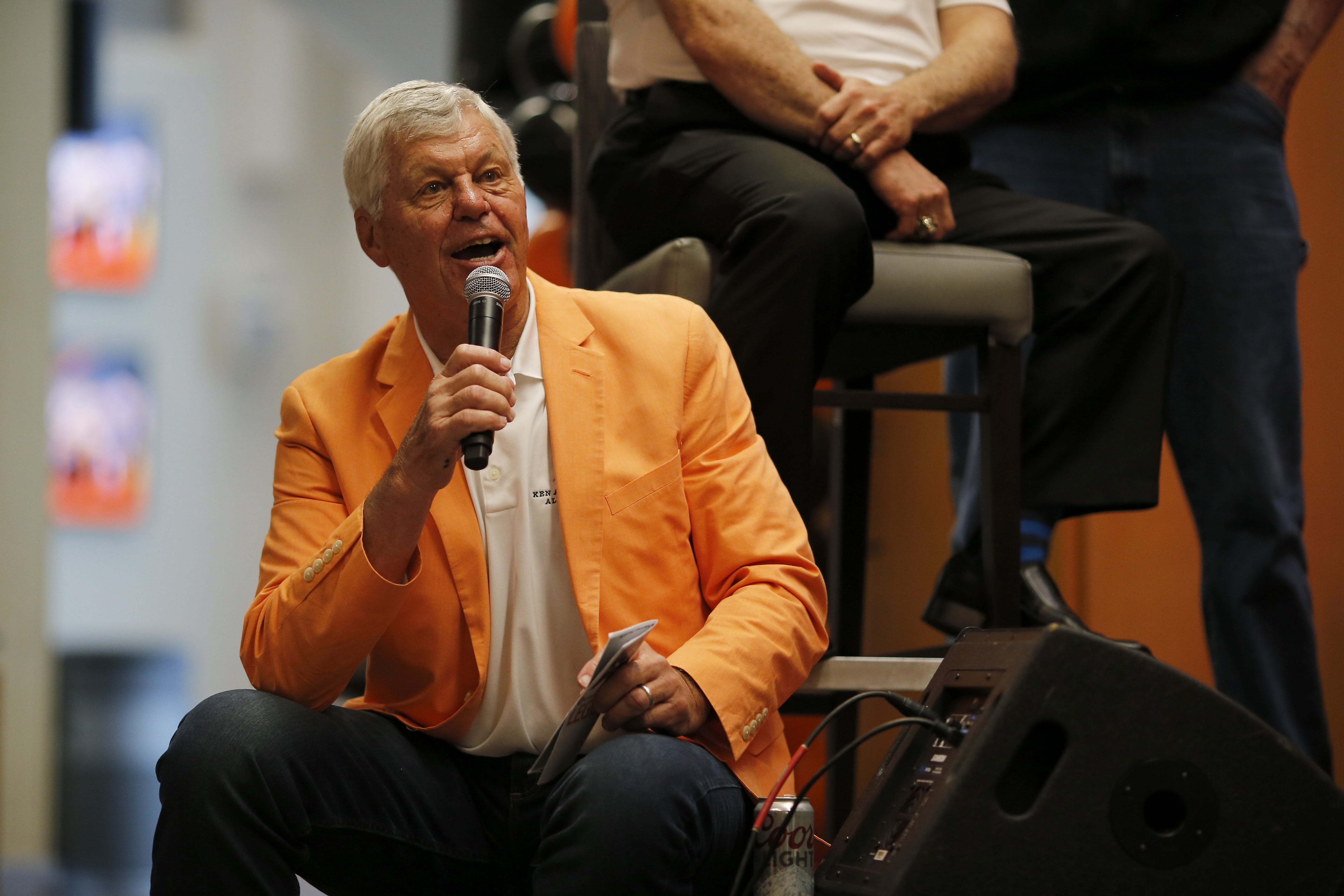 Former Bengals quarterback Ken Anderson tells a story from his playing days during the Legends Past and Present event benefitting the Andy and JJ Dalton Foundation and Ken Anderson Alliance at Paul Brown Stadium on April 30, 2019.