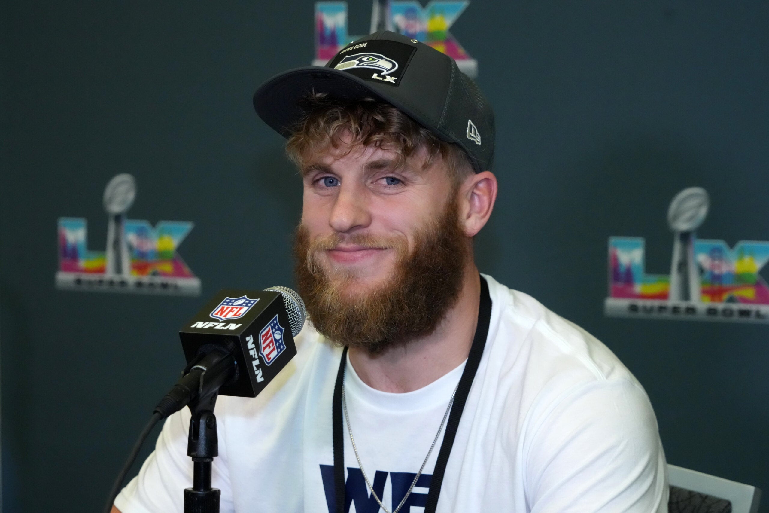 Feb 3, 2026; San Jose, CA, USA; Seattle Seahawks wide receiver Cooper Kupp (10) speaks to the media at Super Bowl LX press conference at the San Jose Convention Center.
