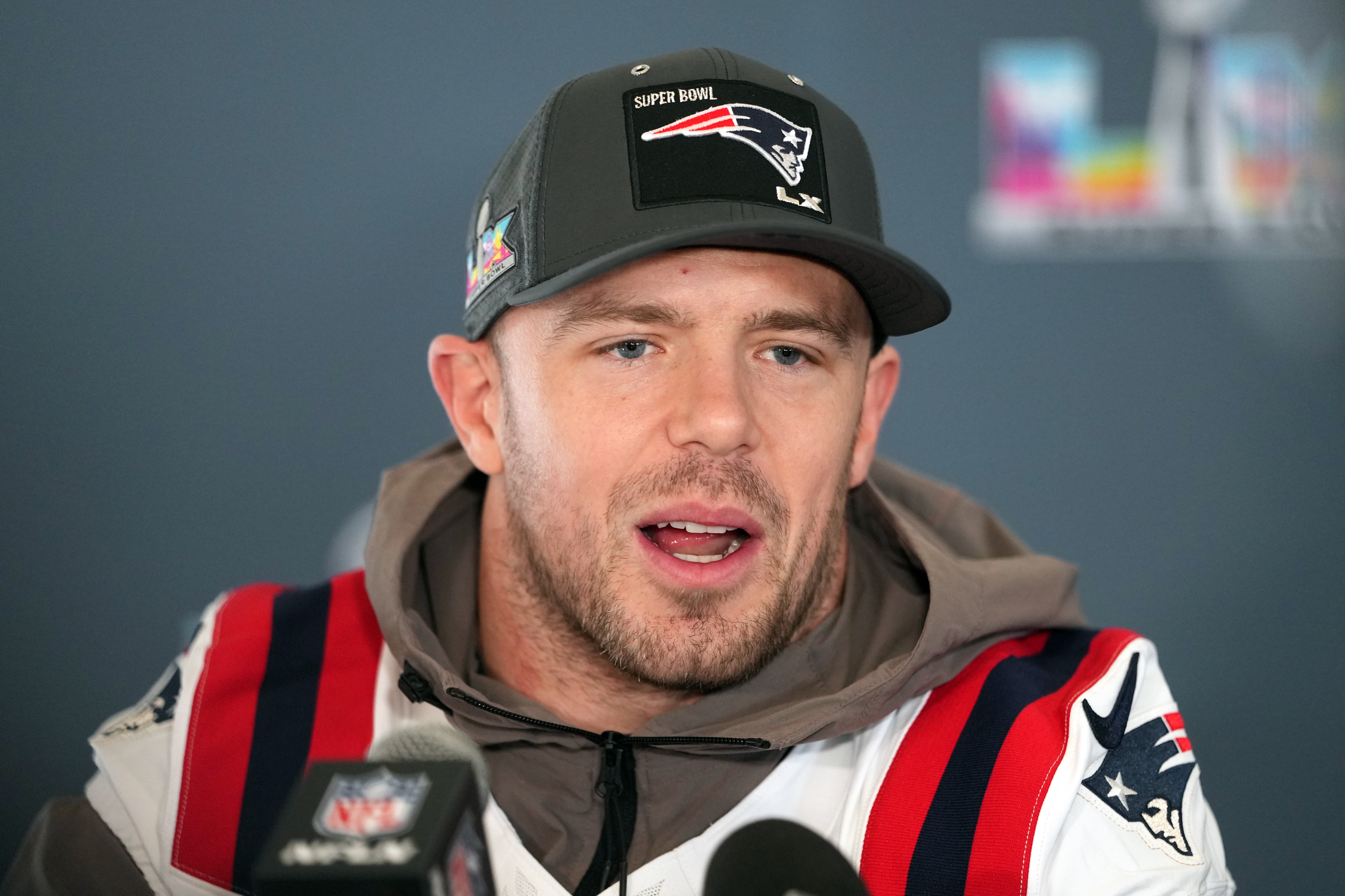 Feb 5, 2026; Santa Clara, CA, USA; New England Patriots linebacker Robert Spillane (14) talks to media members at the Santa Clara Marriott.