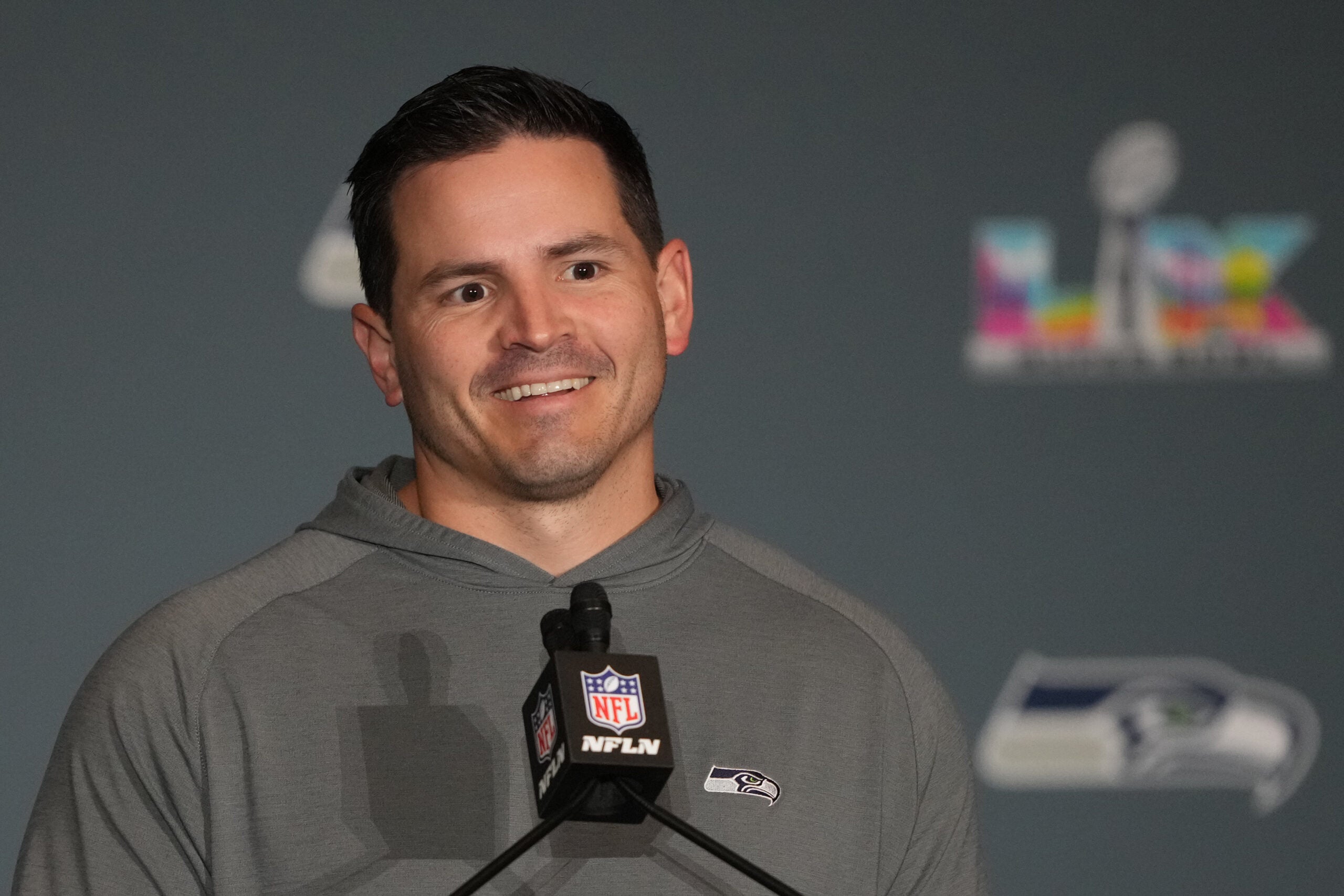 Feb 5, 2026; San Jose, CA, USA; Seattle Seahawks head coach Mike MacDonald talks to media members at the San Jose Marriott.
