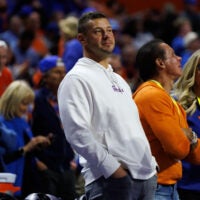 Feb 1, 2026; Gainesville, Florida, USA; Florida Gators Football head coach Jon Sumrall looks on against the Alabama Crimson Tide during the second half at Exactech Arena at the Stephen C. O'Connell Center.