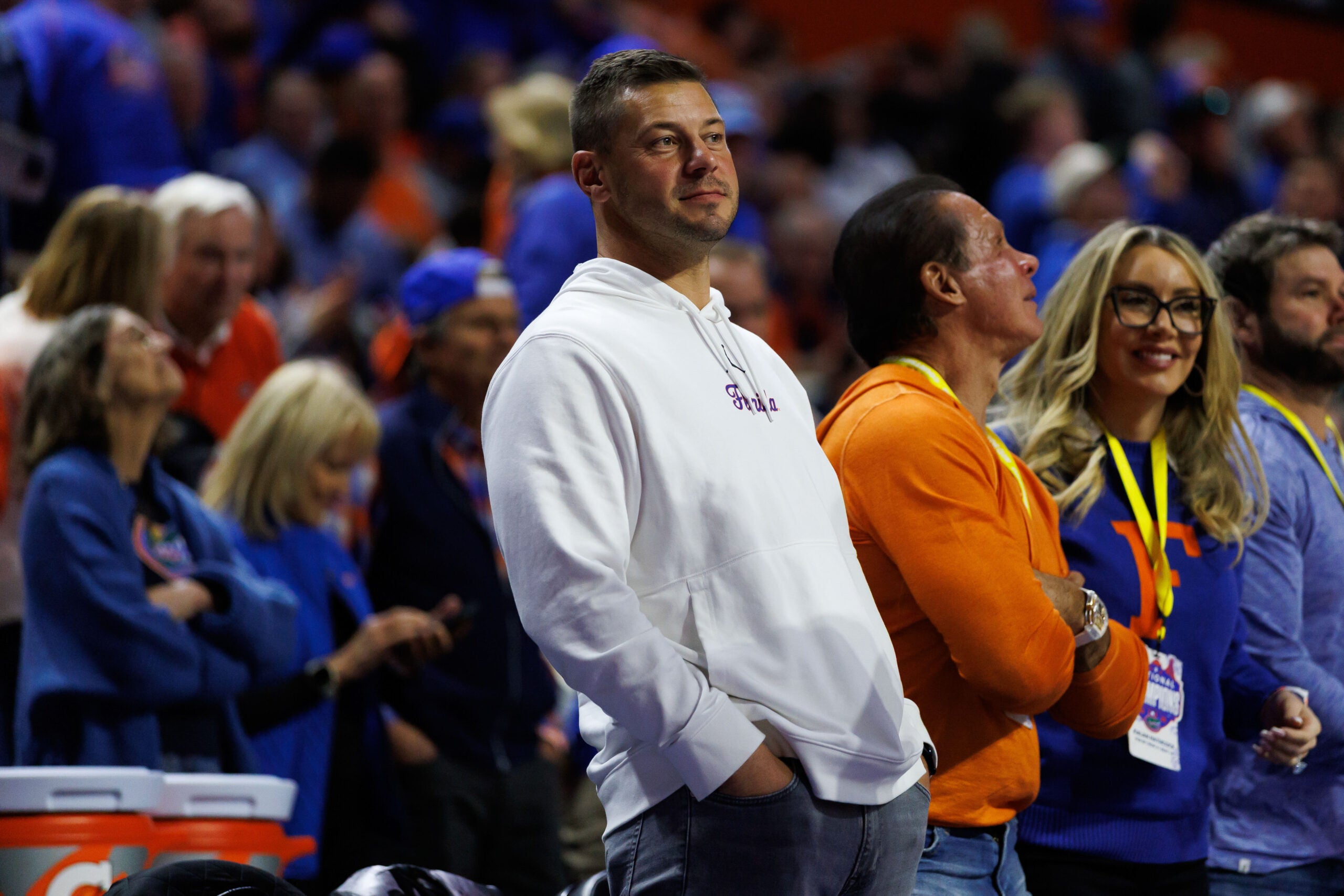 Feb 1, 2026; Gainesville, Florida, USA; Florida Gators Football head coach Jon Sumrall looks on against the Alabama Crimson Tide during the second half at Exactech Arena at the Stephen C. O'Connell Center.