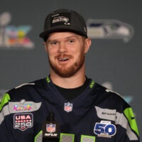 Feb 5, 2026; San Jose, CA, USA; Seattle Seahawks quarterback Sam Darnold (14) talks to media members at the San Jose Marriott.