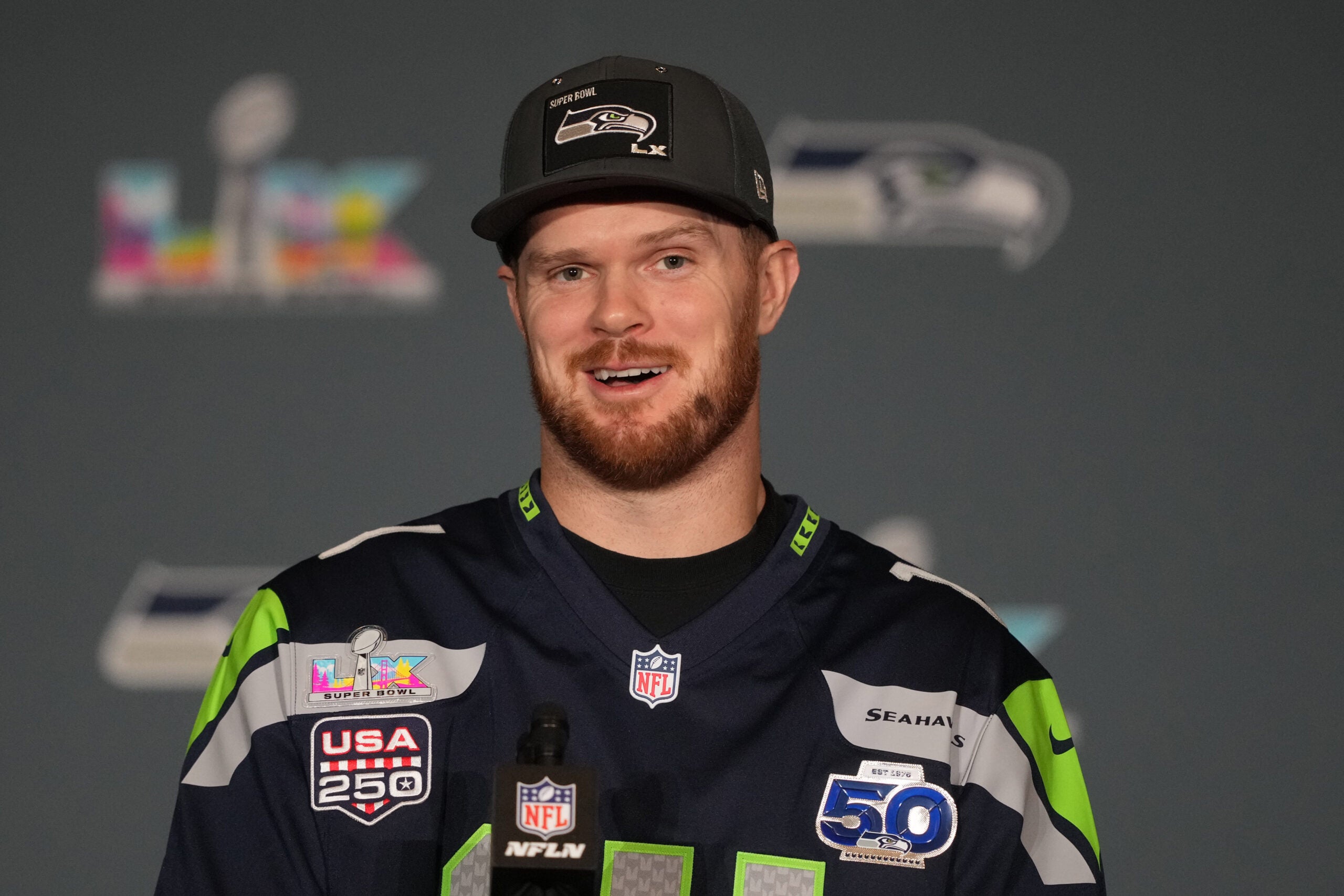 Feb 5, 2026; San Jose, CA, USA; Seattle Seahawks quarterback Sam Darnold (14) talks to media members at the San Jose Marriott.