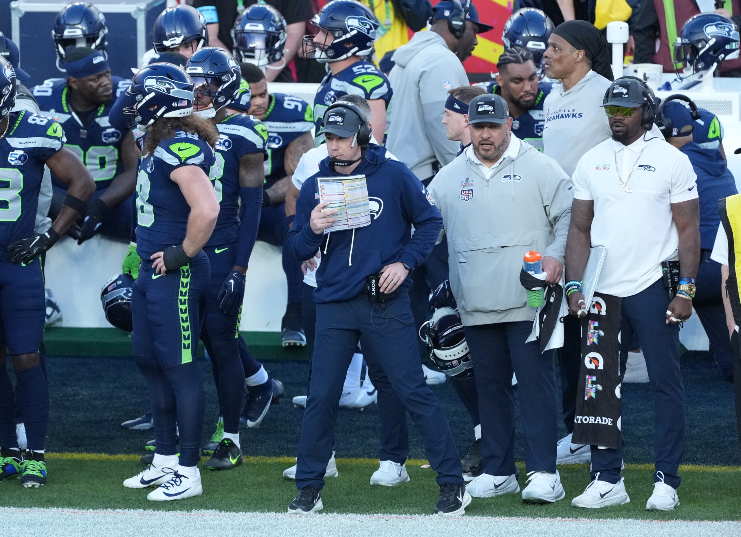 Feb 8, 2026; Santa Clara, CA, USA; Seattle Seahawks offensive coordinator Klint Kubiak on the sideline against the New England Patriots in the first half in Super Bowl LX at Levi's Stadium.