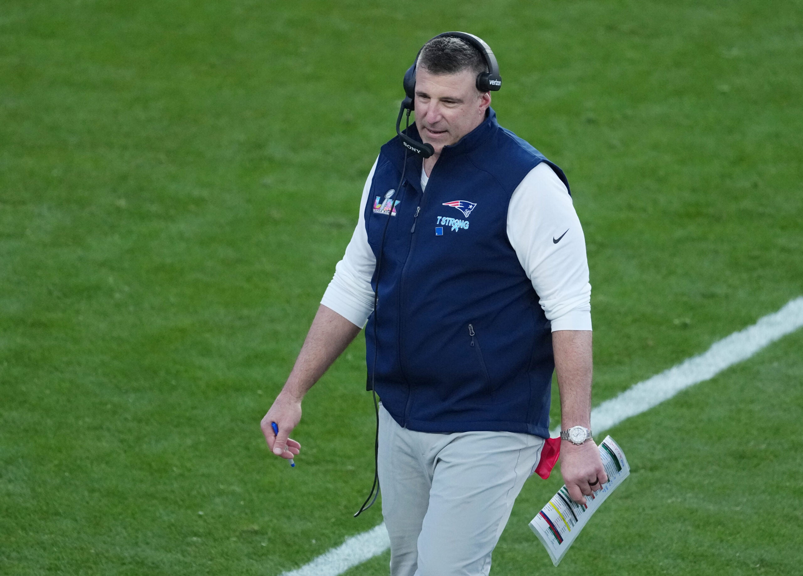 Feb 8, 2026; Santa Clara, CA, USA; New England Patriots head coach Mike Vrabel on the sideline against the Seattle Seahawks in the first half in Super Bowl LX at Levi's Stadium.
