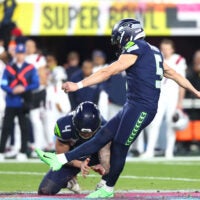 Seahawks kicker Jason Myers sends the ball through the uprights for three points during Super Bowl LX