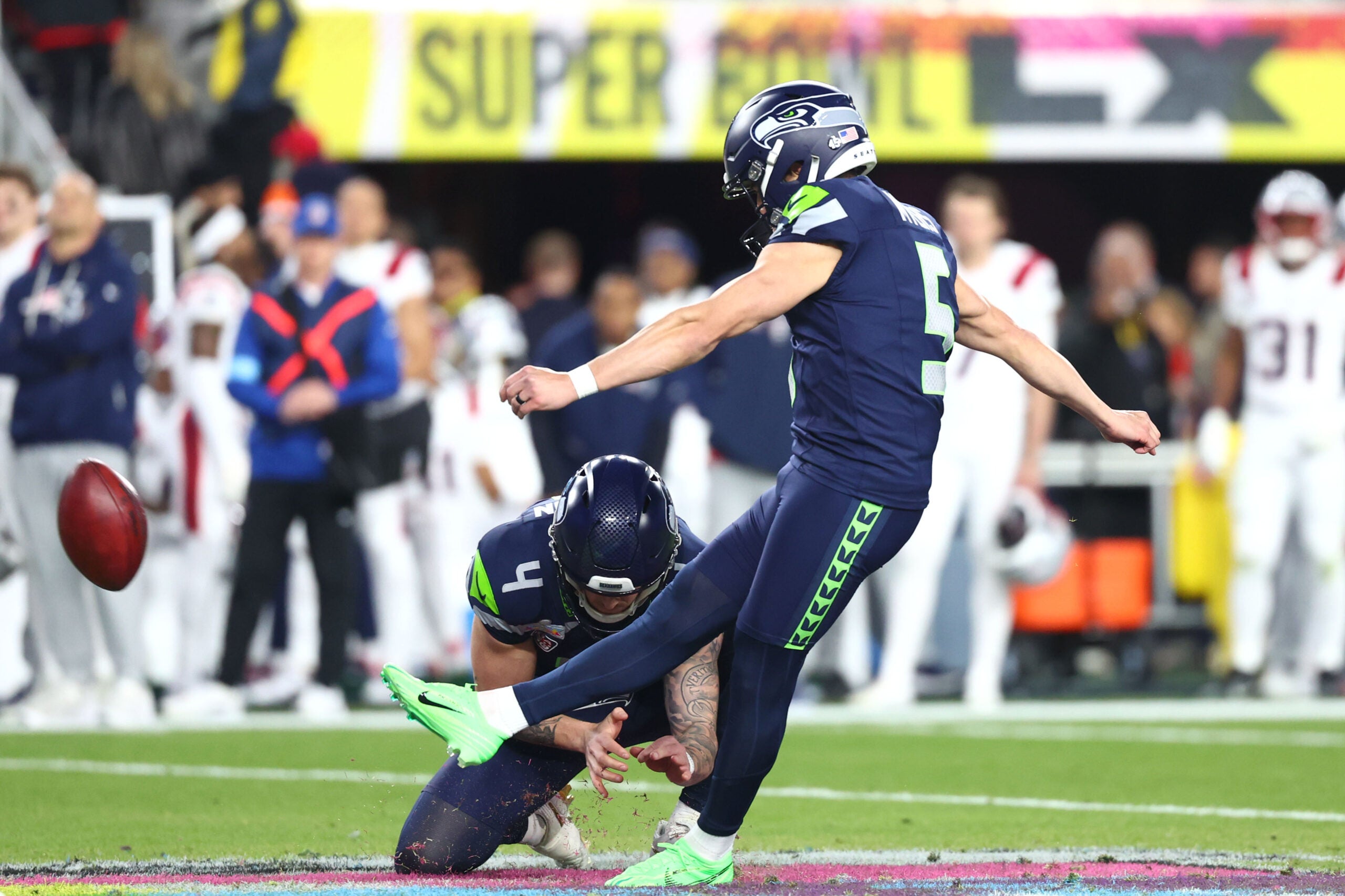 Seahawks kicker Jason Myers sends the ball through the uprights for three points during Super Bowl LX