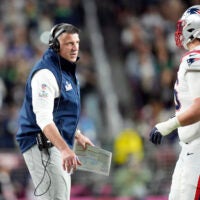 Feb 8, 2026; Santa Clara, CA, USA; New England Patriots head coach Mike Vrabel talks with offensive tackle Will Campbell (66) during the third quarter against the Seattle Seahawks in Super Bowl LX at Levi's Stadium.