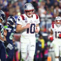 Feb 8, 2026; Santa Clara, CA, USA; New England Patriots quarterback Drake Maye (10) looks on during the fourth quarter against the Seattle Seahawks in Super Bowl LX at Levi's Stadium.
