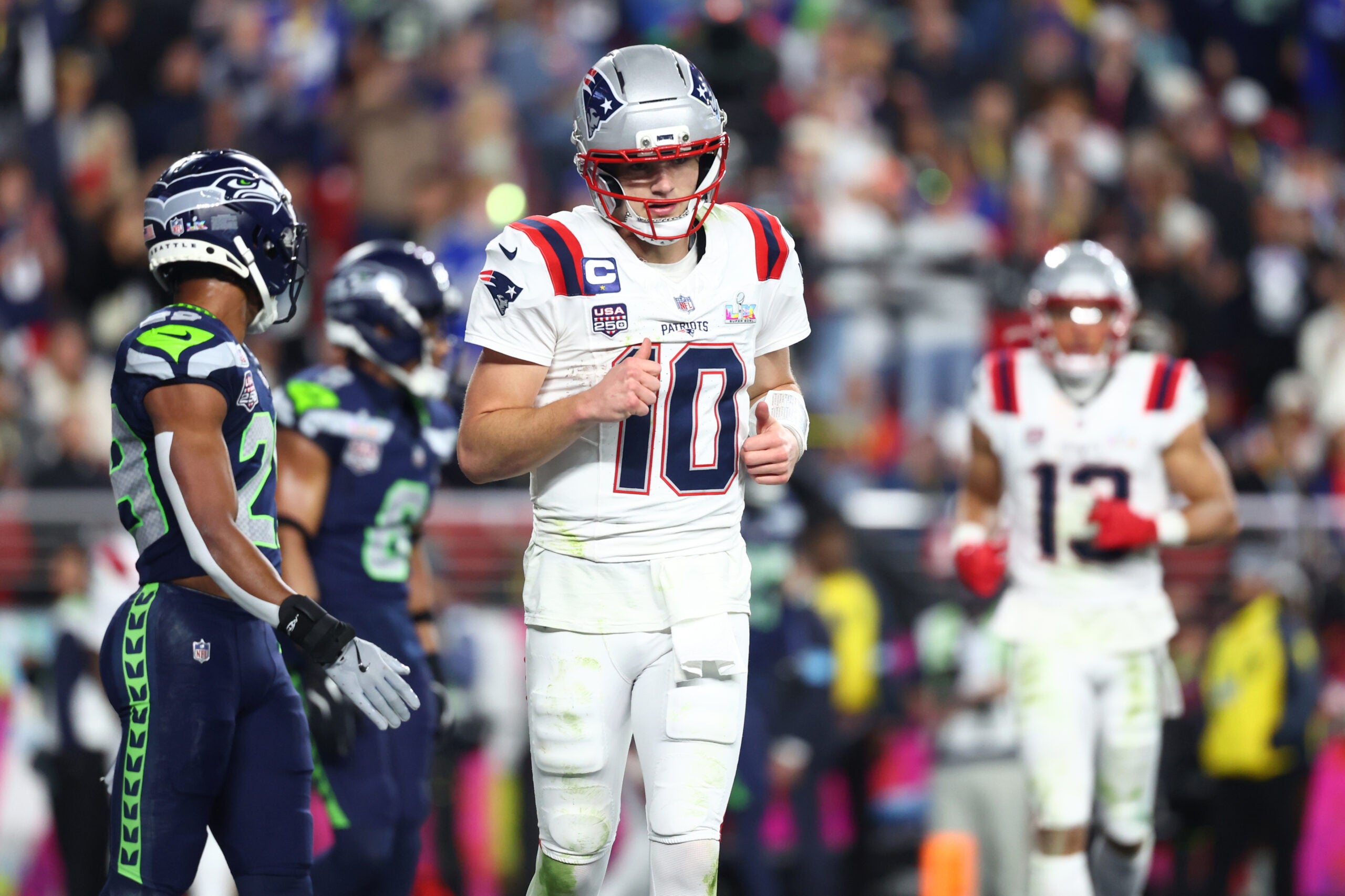 Feb 8, 2026; Santa Clara, CA, USA; New England Patriots quarterback Drake Maye (10) looks on during the fourth quarter against the Seattle Seahawks in Super Bowl LX at Levi's Stadium.