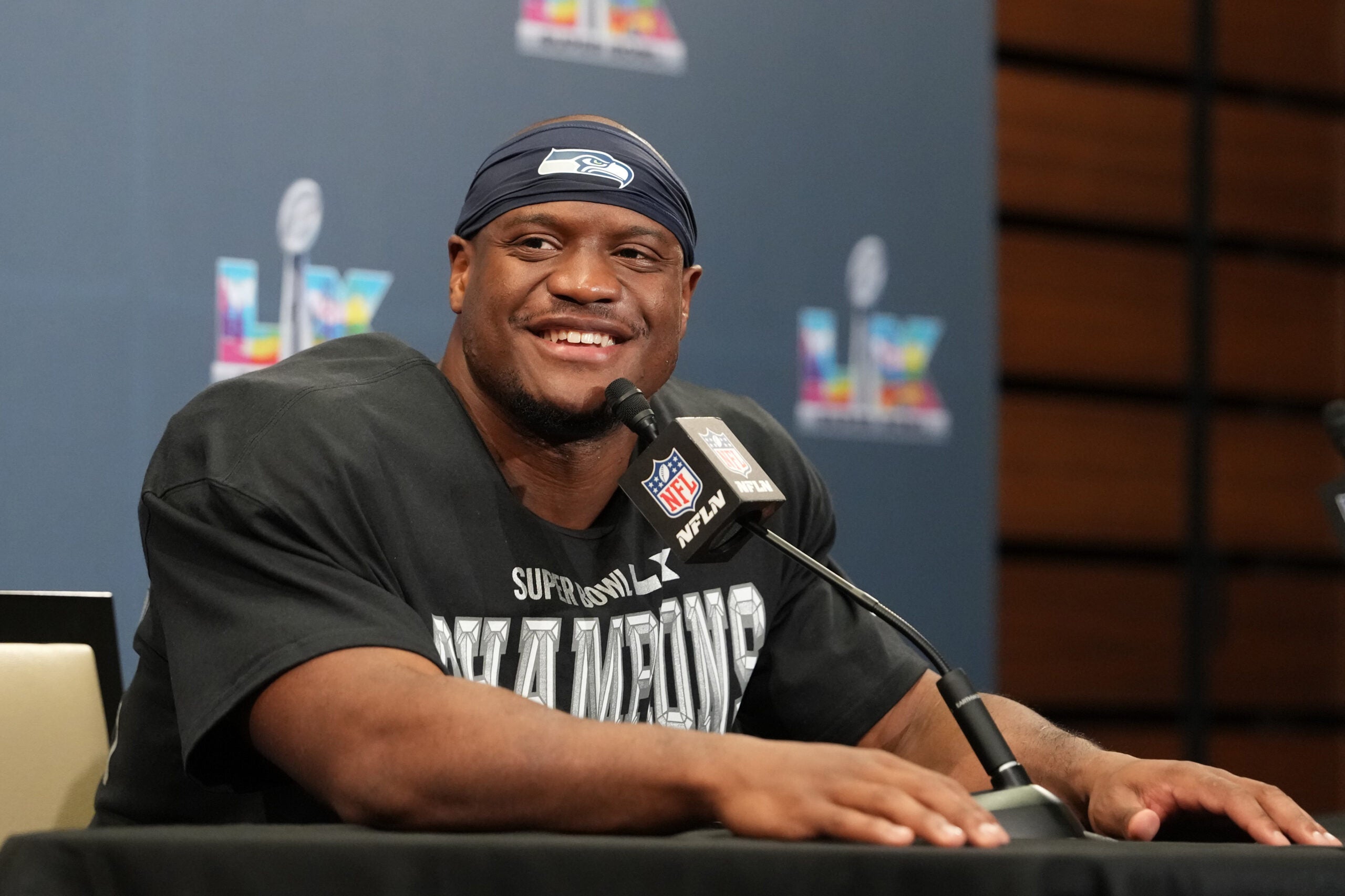 Feb 8, 2026; Santa Clara, CA, USA; Seattle Seahawks running back Kenneth Walker III (9) speaks in a press conference after defeating the New England Patriots in Super Bowl LX at Levi's Stadium.
