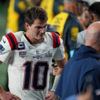 Feb 8, 2026; Santa Clara, CA, USA; New England Patriots quarterback Drake Maye (10) exits the field after the loss against the Seattle Seahawks in Super Bowl LX at Levi's Stadium.