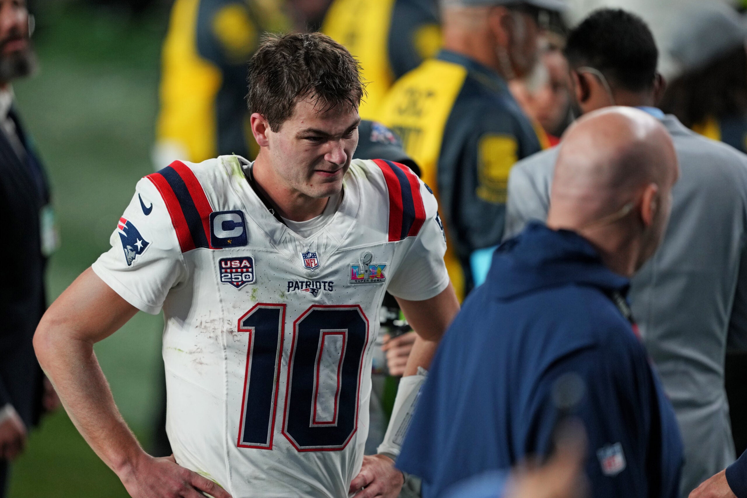 Feb 8, 2026; Santa Clara, CA, USA; New England Patriots quarterback Drake Maye (10) exits the field after the loss against the Seattle Seahawks in Super Bowl LX at Levi's Stadium.
