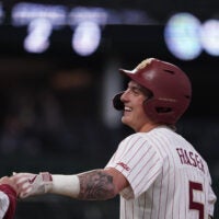 Feb 20, 2026; Arlington, TX, USA; Michigan Wolverines vs Florida State Seminoles during the Amegy Bank College Baseball Series at Globe Life Field. Mandatory Credit: Raymond Carlin III-Imagn Images