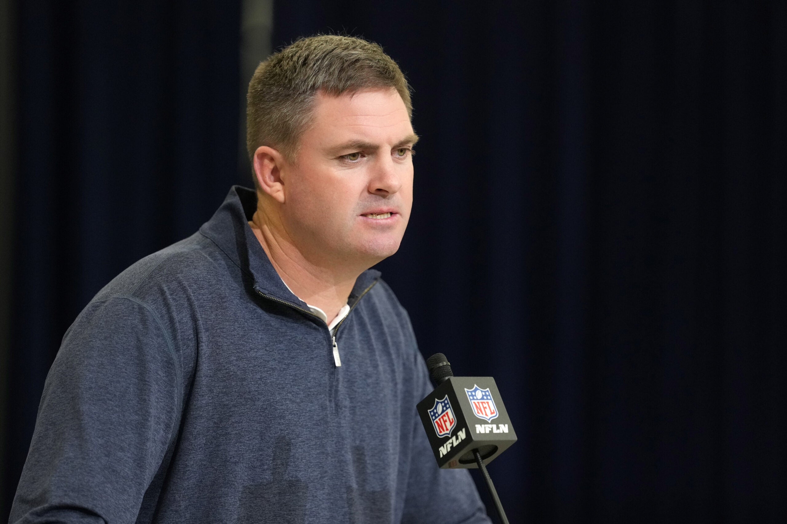 Feb 24, 2026; Indianapolis, IN, USA; Cincinnati Bengals coach Zac Taylor speaks at the NFL Scouting Combine at the Indiana Convention Center.