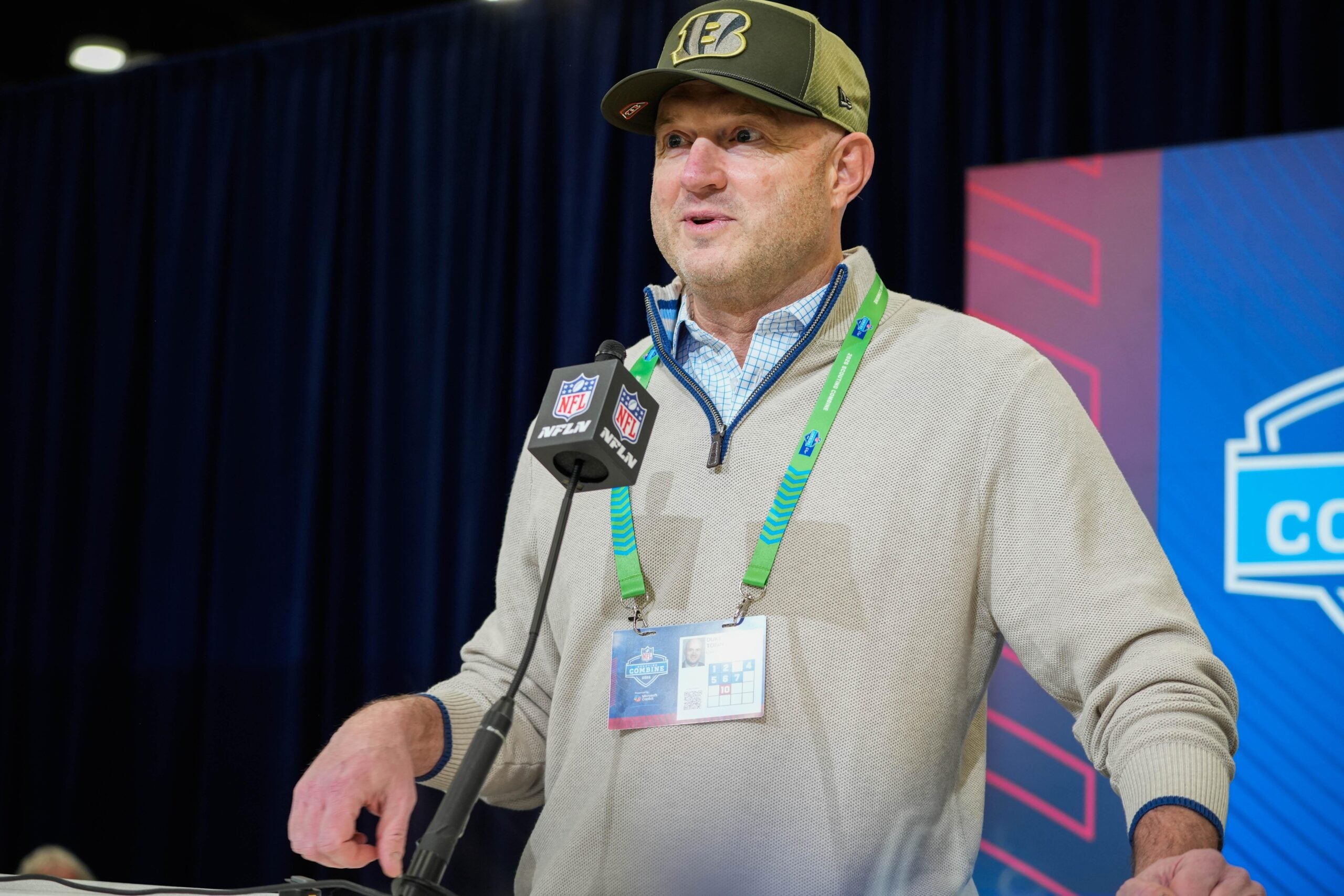 Bengals Director of Player Personnel Duke Tobin speaks at the 2026 NFL Combine in Indianapolis.