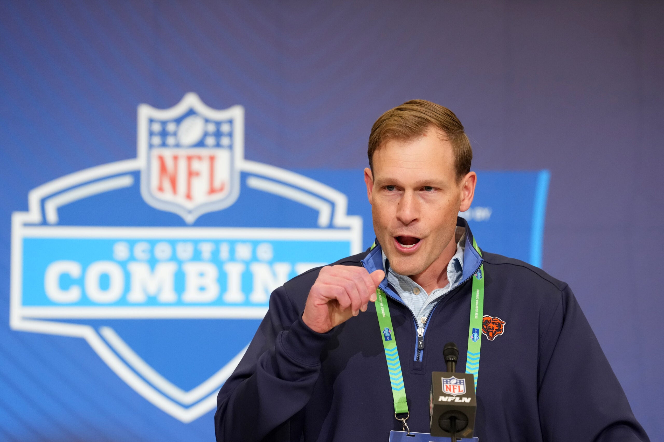 Feb 24, 2026; Indianapolis, IN, USA; Chicago Bears coach Ben Johnson speaks at the NFL Scouting Combine at the Indiana Convention Center.