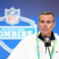 Feb 24, 2026; Indianapolis, IN, USA; Buffalo Bills general manager Brandon Beane speaks at the NFL Scouting Combine at the Indiana Convention Center.