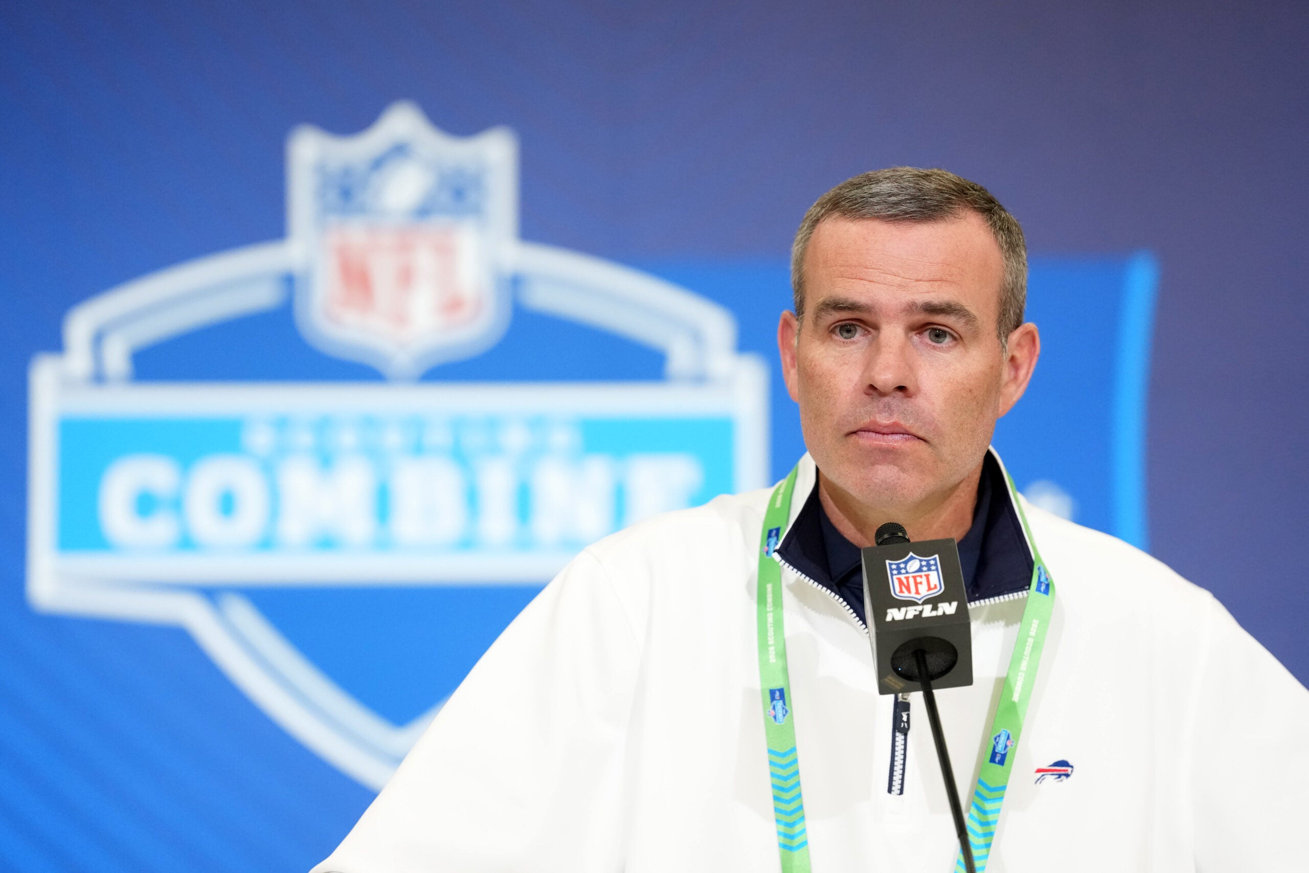 Feb 24, 2026; Indianapolis, IN, USA; Buffalo Bills general manager Brandon Beane speaks at the NFL Scouting Combine at the Indiana Convention Center.