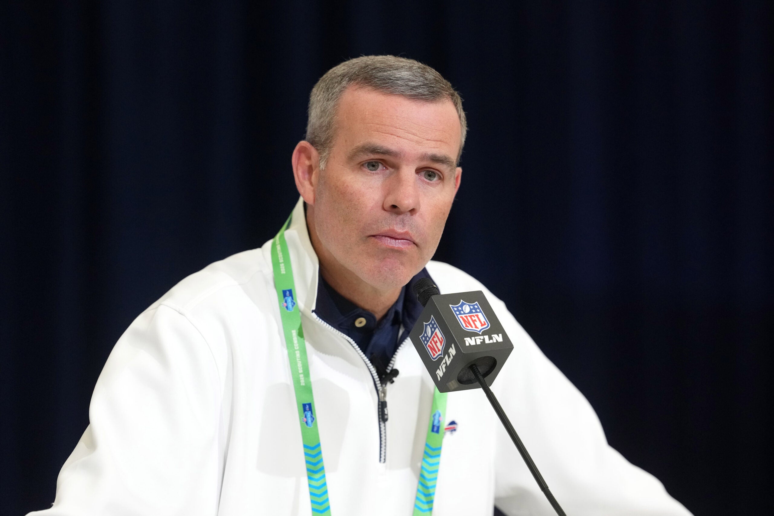 Feb 24, 2026; Indianapolis, IN, USA; Buffalo Bills general manager Brandon Beane speaks at the NFL Scouting Combine at the Indiana Convention Center.