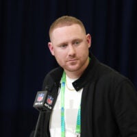 Feb 24, 2026; Indianapolis, IN, USA; Buffalo Bills coach Joe Brady speaks at the NFL Scouting Combine at the Indiana Convention Center.